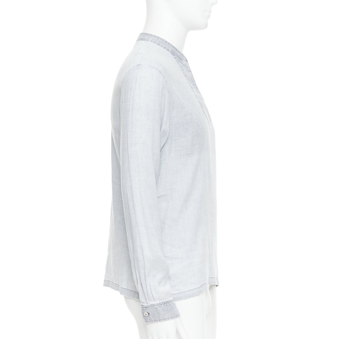 A.P.C. grey linen blend washed distressed slit collar long sleeve shirt S