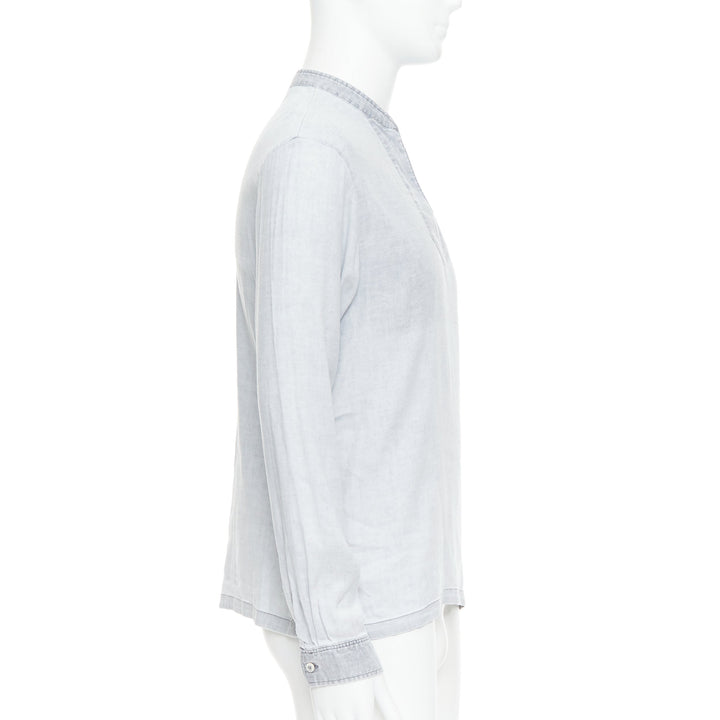 A.P.C. grey linen blend washed distressed slit collar long sleeve shirt S
