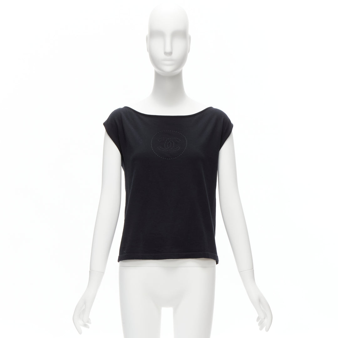 CHANEL 07P Vintage black CC logo topstitch cotton boat neck top FR36 S