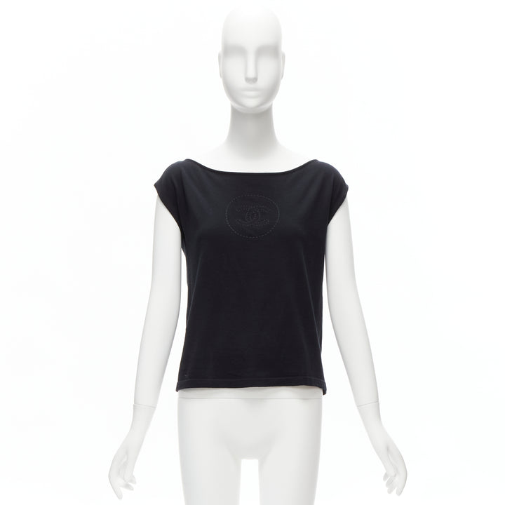 CHANEL 07P Vintage black CC logo topstitch cotton boat neck top FR36 S