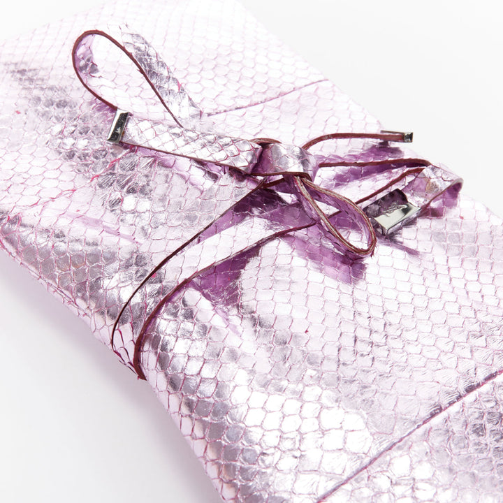 YVES SAINT LAURENT pink metallic scaled leather wraparound clutch bag