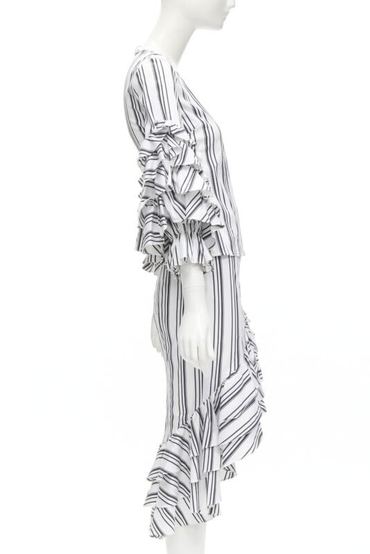 CAROLINE CONSTAS black white ruffled stripes wrap top high low skirt set XS