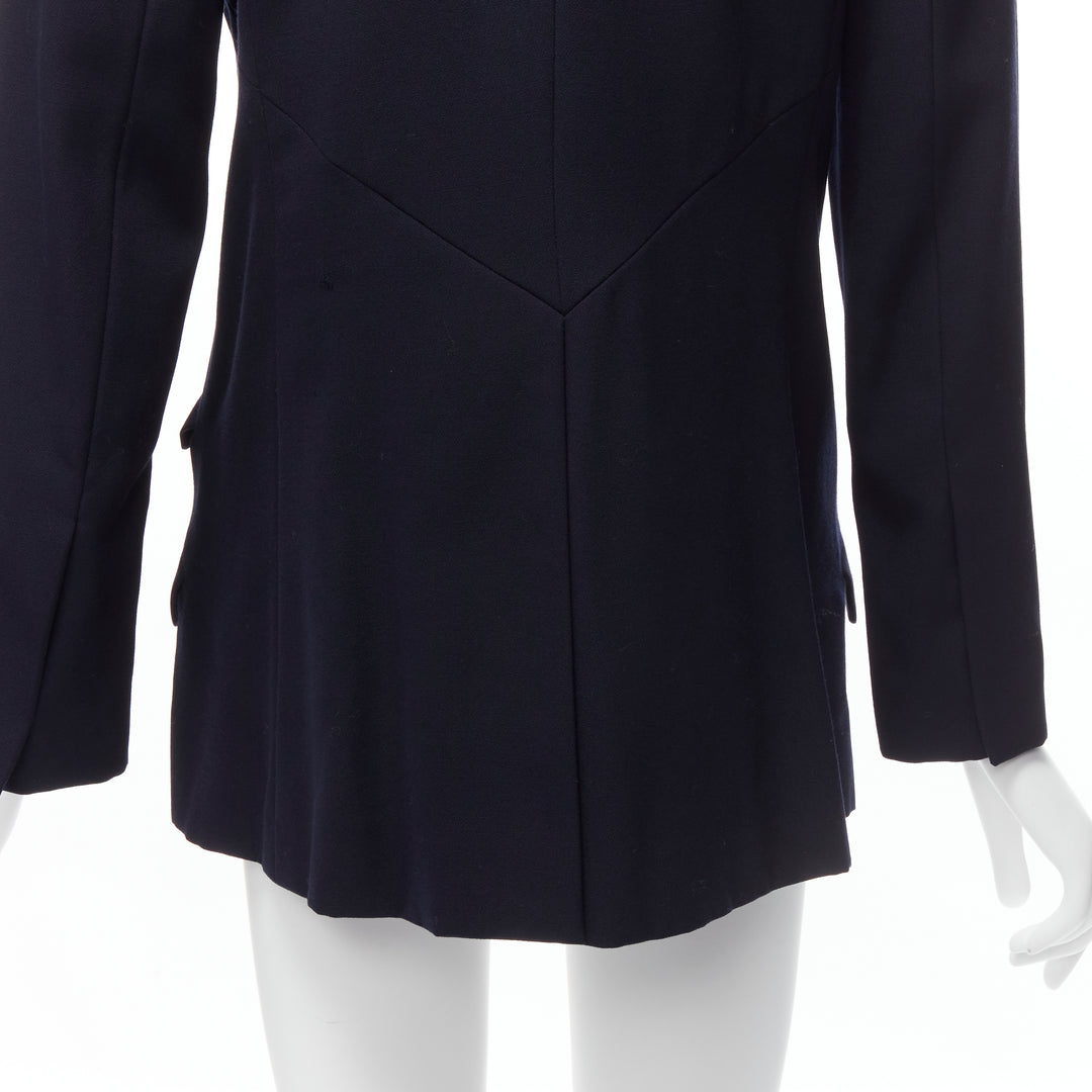 CHANEL navy gold CC buttons flap pockets military blazer jacket FR38 M