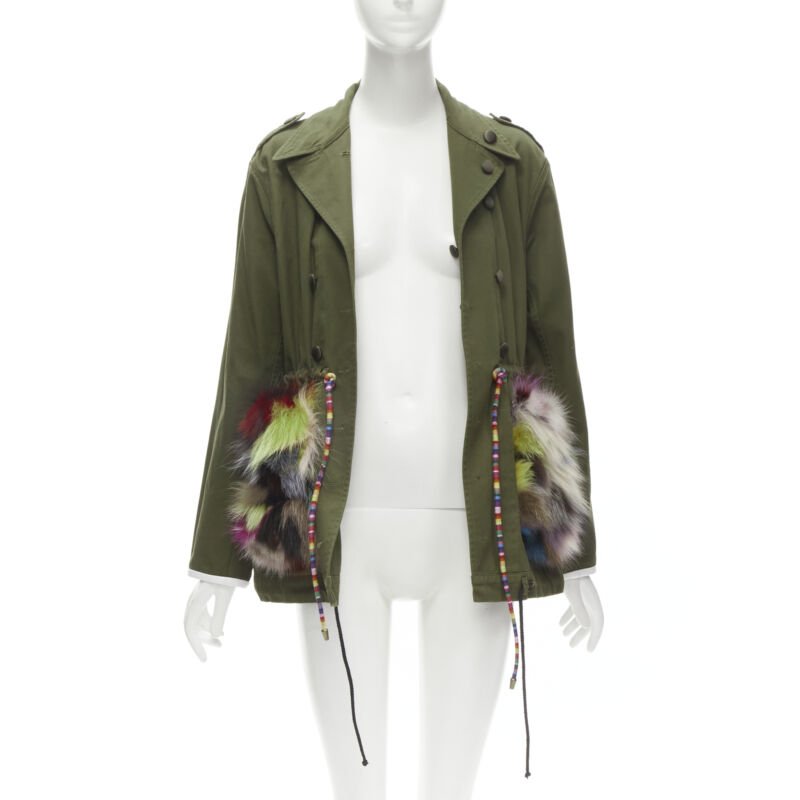 HARVEY FAIRCLOTH green cotton multi print fox fur pocket drawstring jacket S