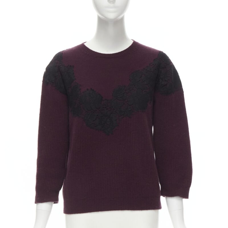 VALENTINO burgundy red virgin wool cashmere black lace applique sweater XL