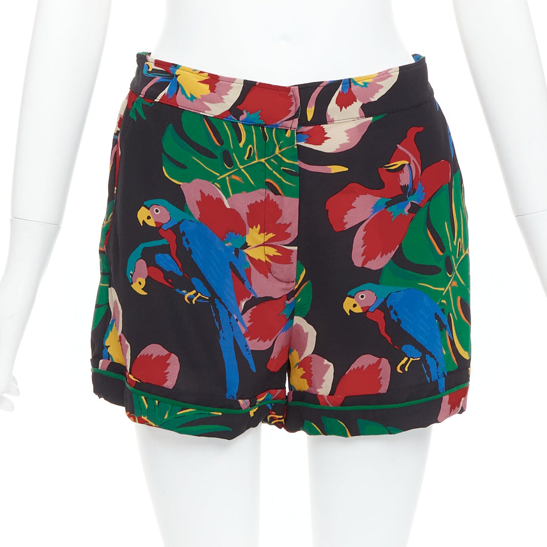 VALENTINO Hawaiian Couure 100% silk crepe parrot floral print high shorts S