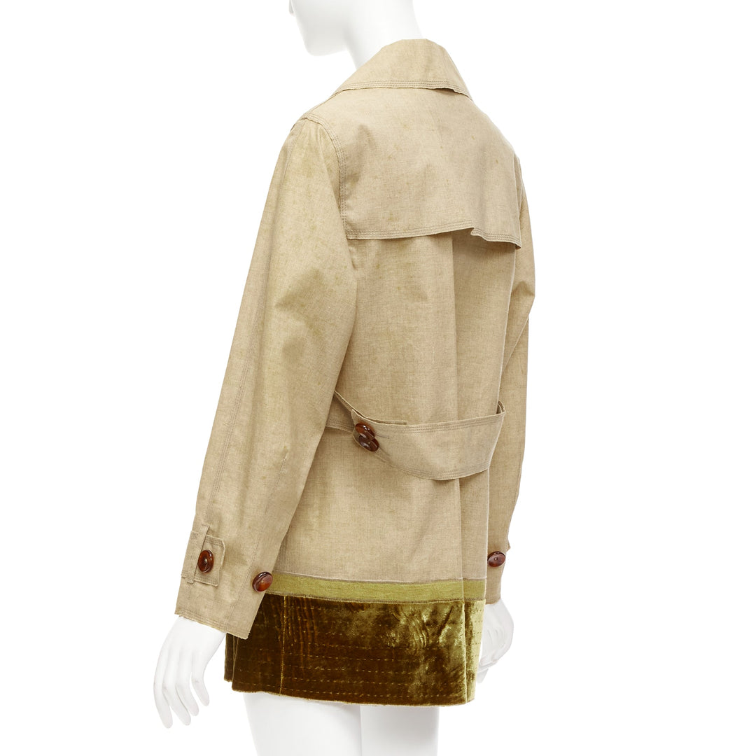 LOUIS VUITTON khaki coated linen gold velvet double breasted trench coat FR36 S