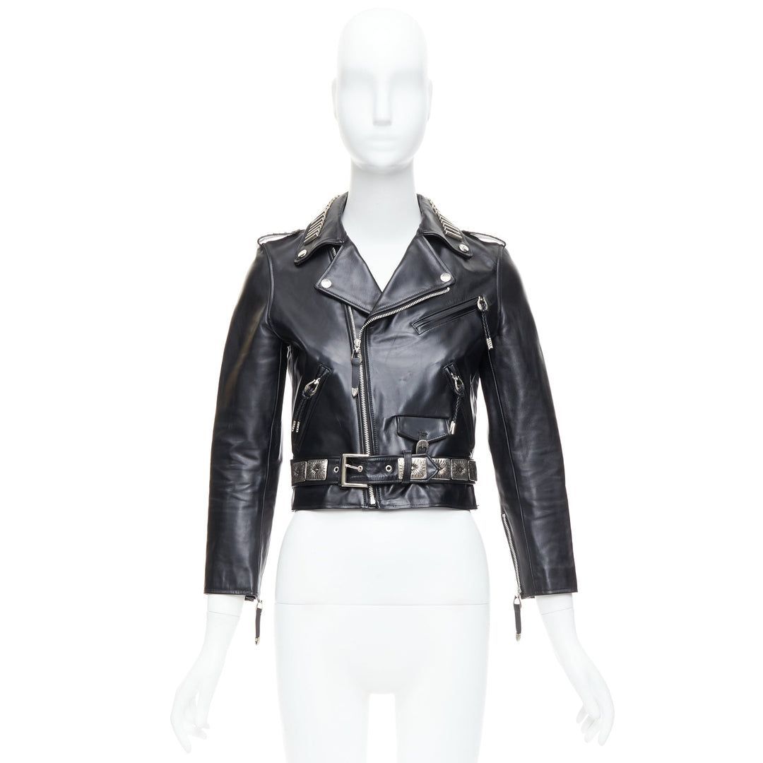 TOGA PULLA black cowhide leather silver logo charm zip crop biker FR36 S