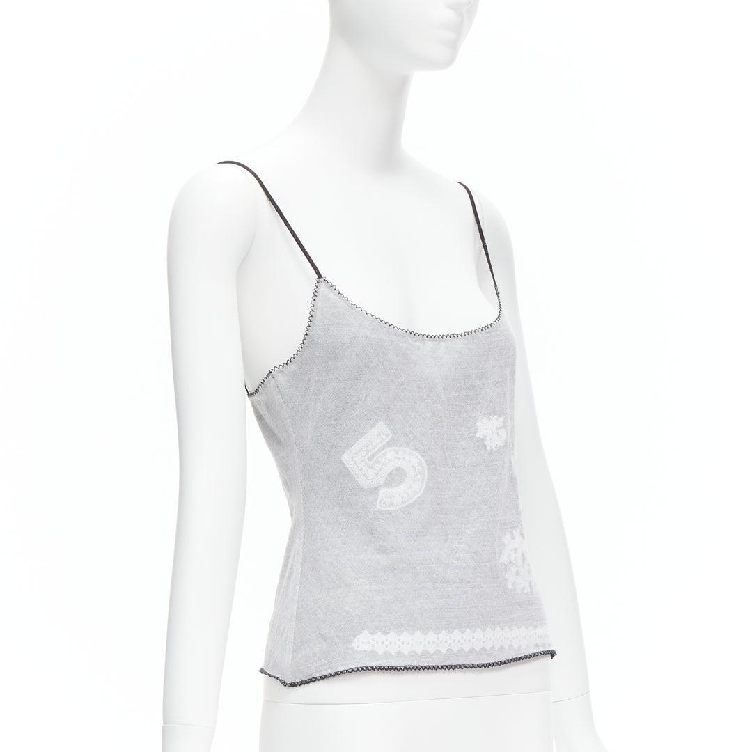 CHANEL 04P Vintage No.5 CC white sheer overlay black trim cami tank top FR40 L