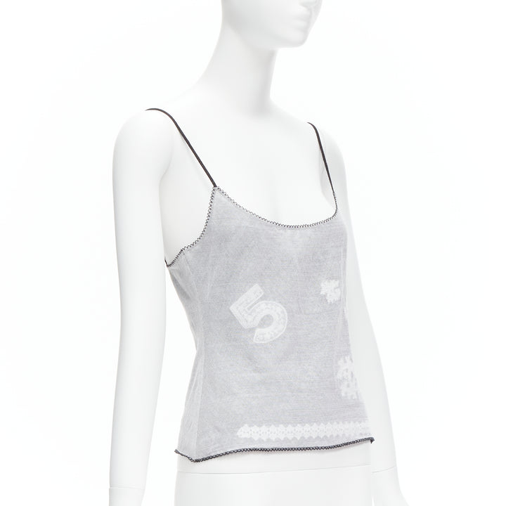 CHANEL 04P Vintage No.5 CC white sheer overlay black trim cami tank top FR40 L