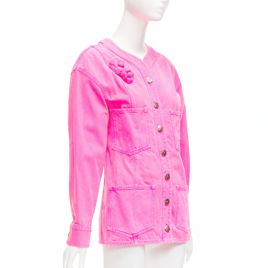 CHANEL 2021 neon pink cotton denim CC logo camellia embellished jacket FR34 XS
