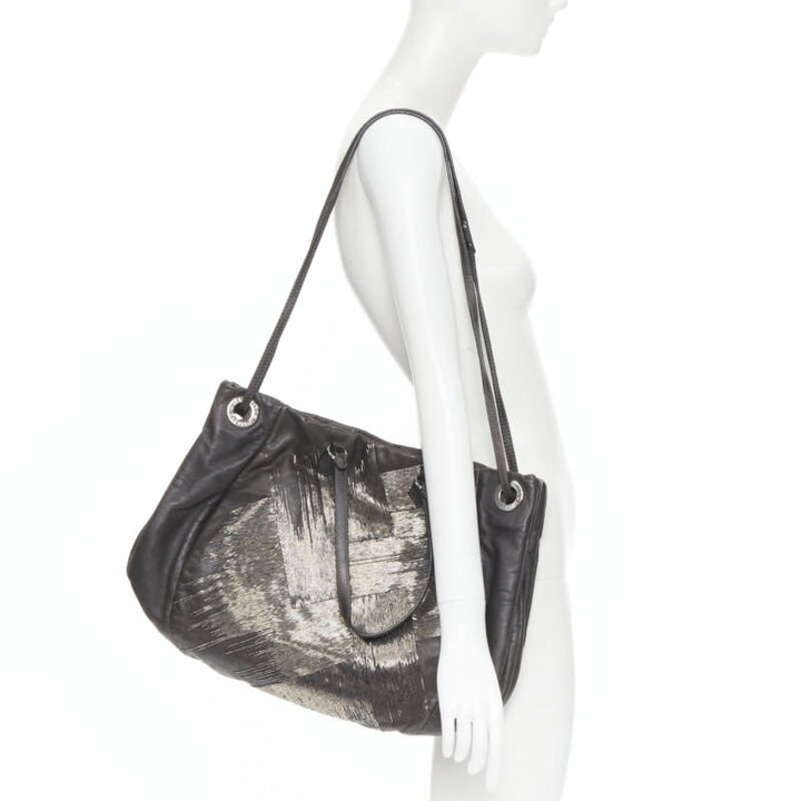 VALENTINO silver bead embellished grey leather crossbody large tote bag