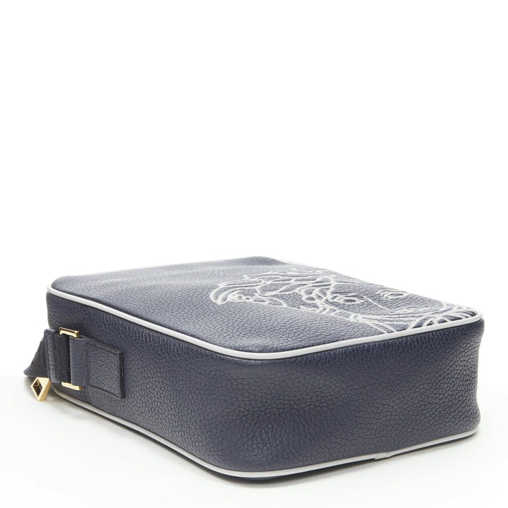 VERSACE Pop Medusa navy grey calf leather Greca crossbody messenger bag