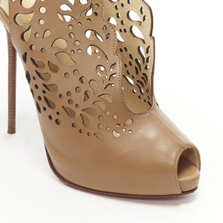 CHRISTIAN LOUBOUTIN Markesling 130 tan brown laser cut peep toe bootie EU39