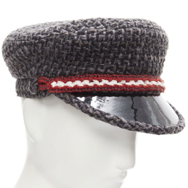 CHANEL 18A Parus Hamburg Runway grey tweed red braid black patent sailor hat S