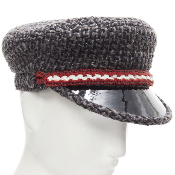 CHANEL 18A Parus Hamburg Runway grey tweed red braid black patent sailor hat S