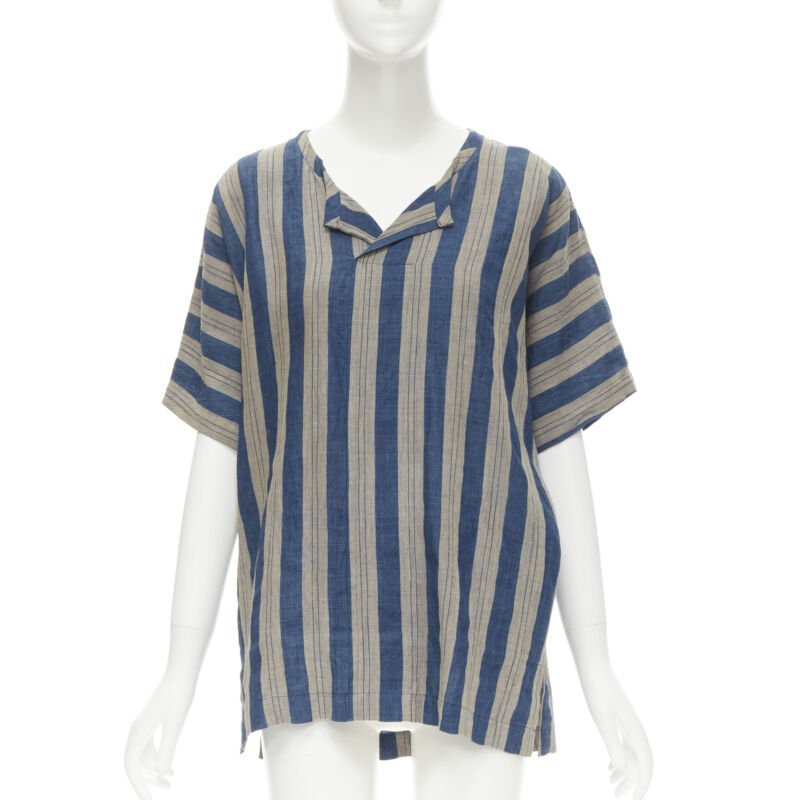COMME DES GARCONS Vintage brown blue striped linen boxy fit shirt S