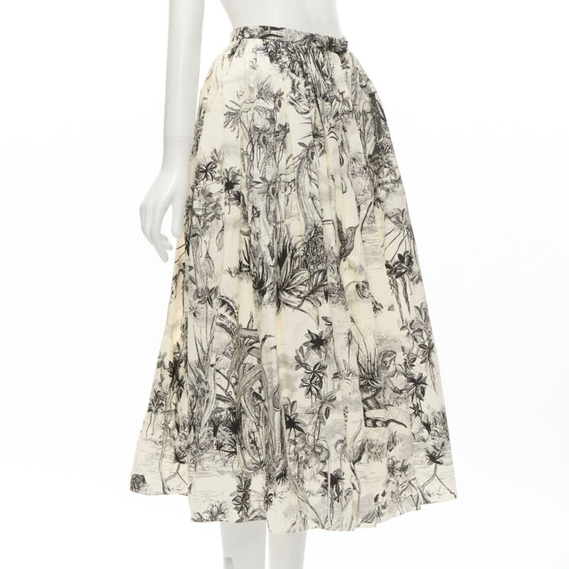 CHRISTIAN DIOR Fantaisie beige illustration print cotton midi skirt FR34 XS