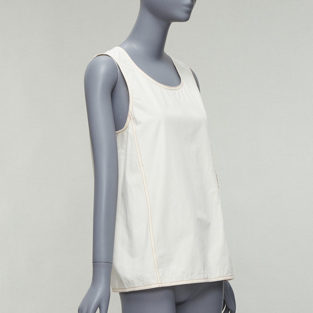 MARNI cream 100% cotton red overstitch boxy scoop neck utility vest IT42 M