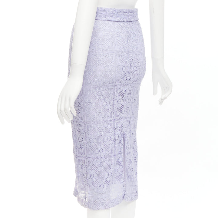 BURBERRY Runway lilac purple cotton blend lace belted pencil skirt IT36 XXS