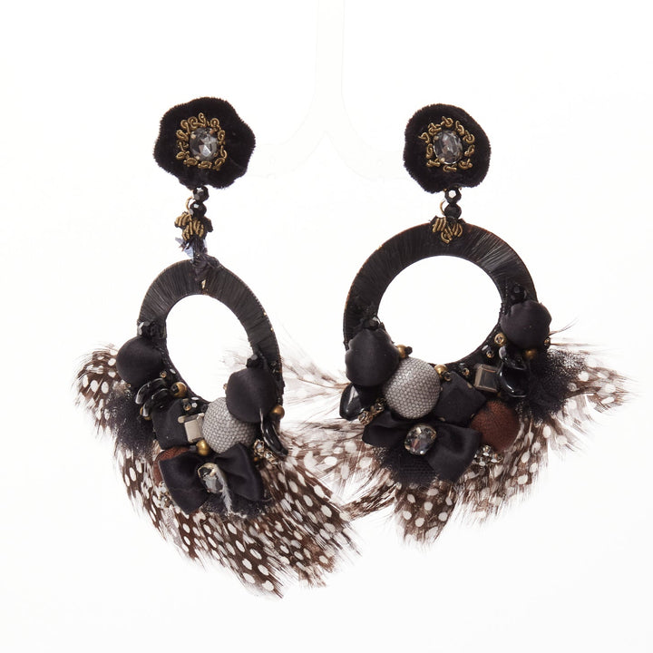 RANJANA KHAN black brown dotted feather beads bow dangling clip on earrings