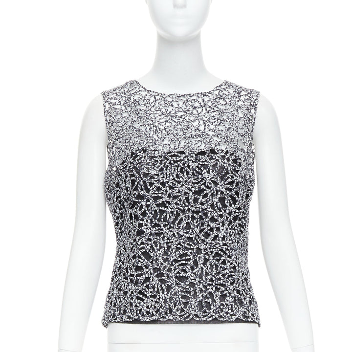 CHANEL 09P black white abstract print squiggle lattice sleeveless vest top FR40