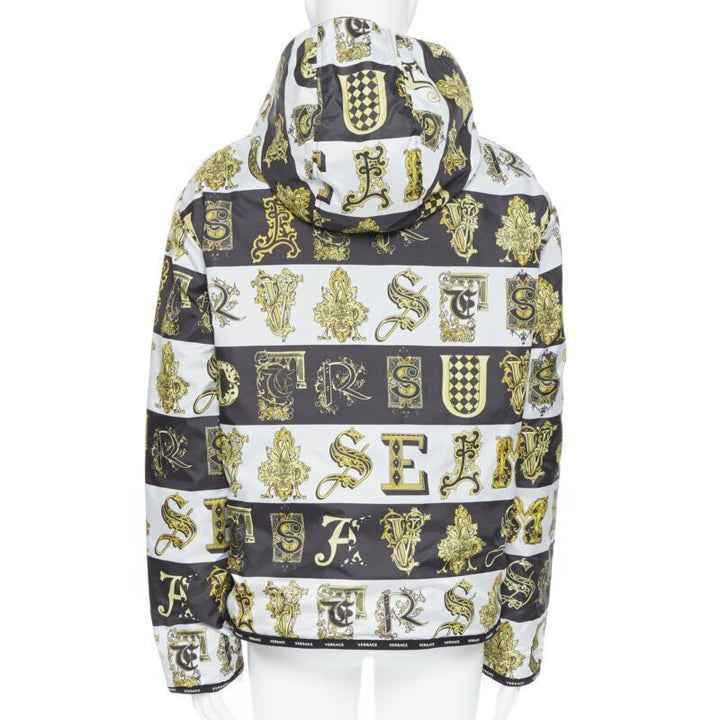 VERSACE Reversible Baroque Alphabet black gold print quilted jacket IT54 2XL