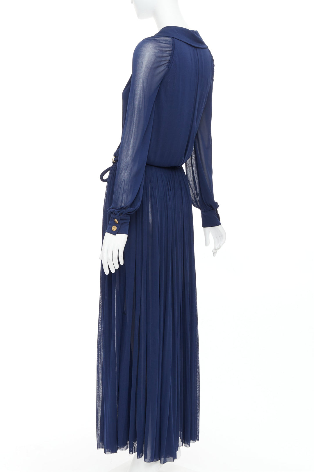 CHANEL 2017 Runway navy gold CC owl logo buttons pleated belted dress FR36 S