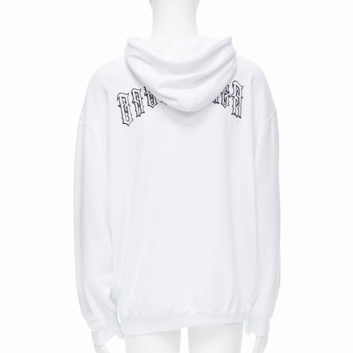 BALENCIAGA 2018 black Gothic Tattoo logo embroidery white cotton hoodie S