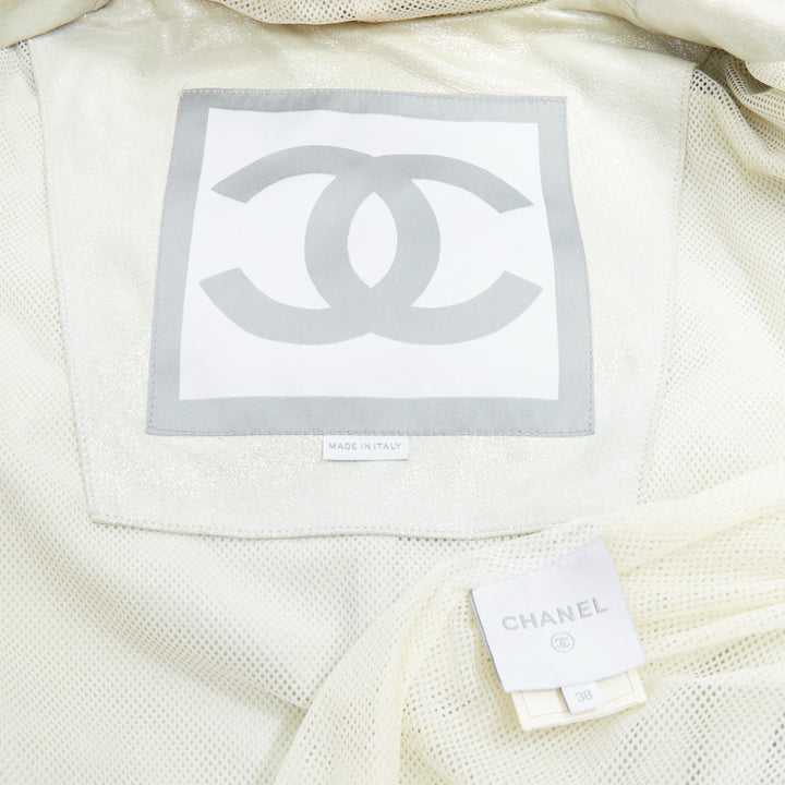 CHANEL 08P Vintage metallic lambskin leather rib trim hooded zip jacket FR38 M