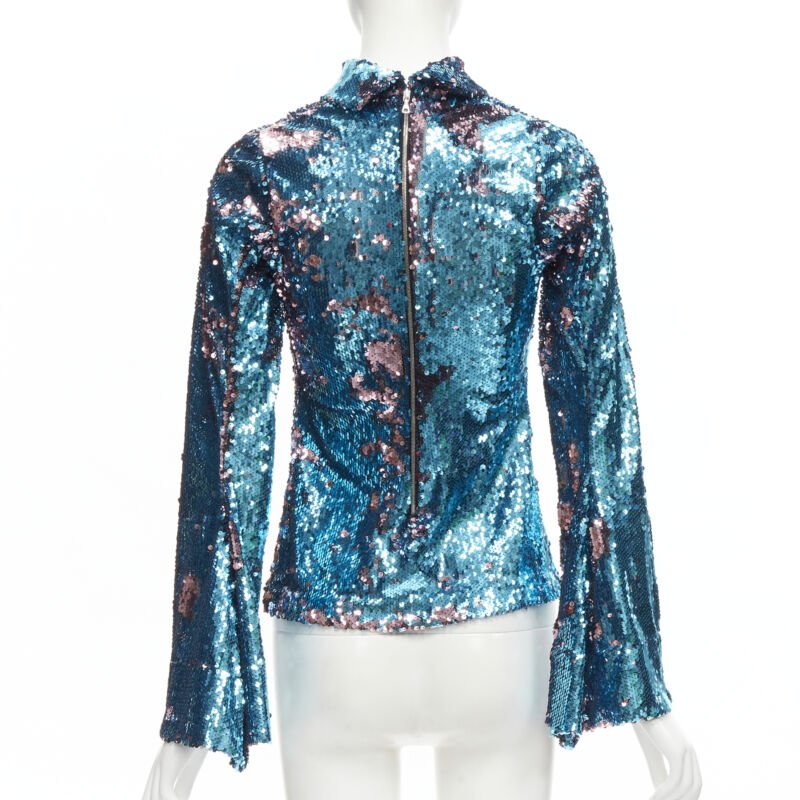 HALPERN blue purple double faced sequins turtleneck flared sleeve top FR34 XS