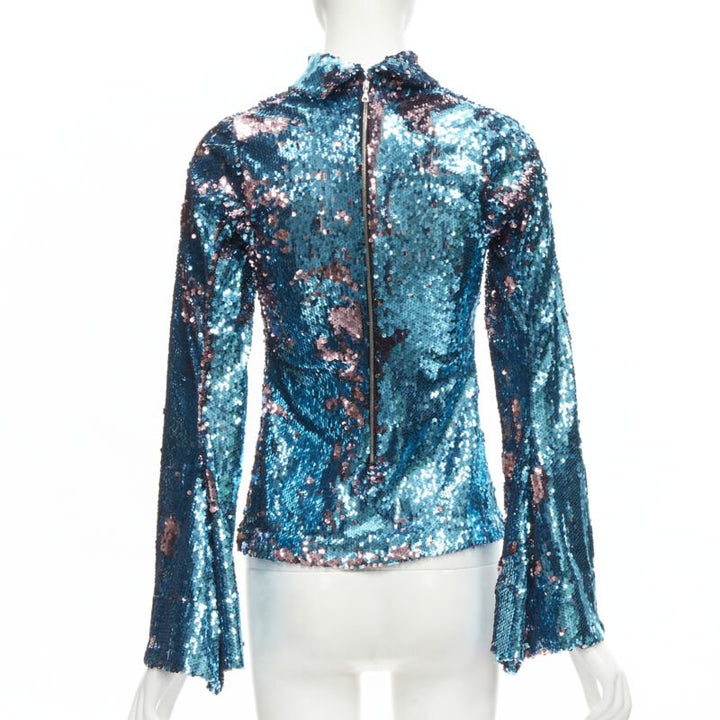 HALPERN blue purple double faced sequins turtleneck flared sleeve top FR34 XS
