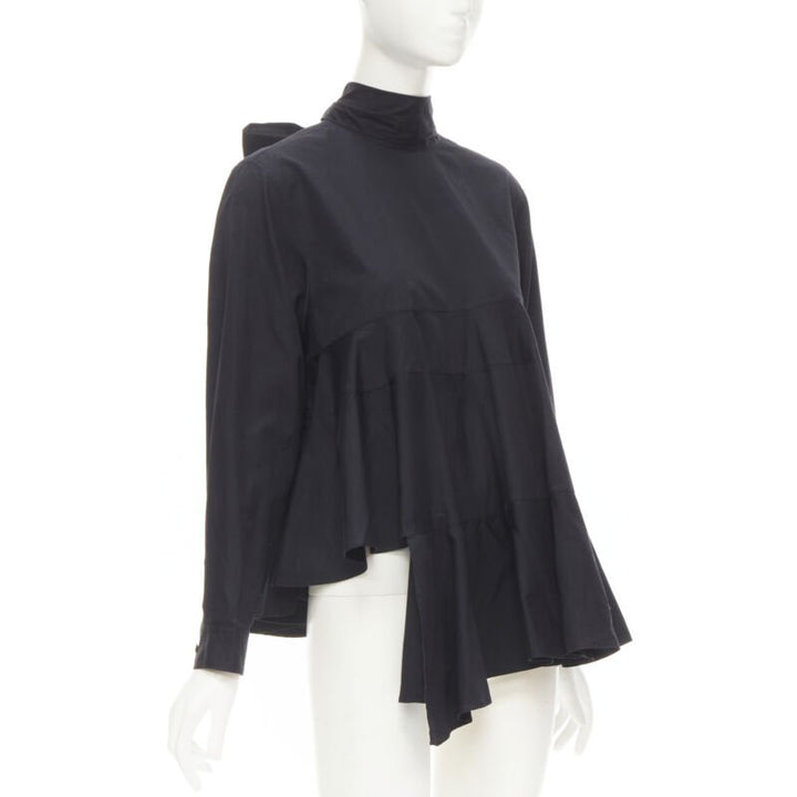 COMME DES GARCONS 1980s Vintage black asymmetric tiered flared tie back shirt M
