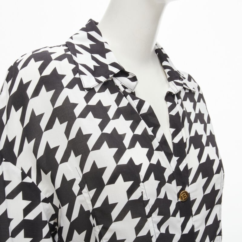 BALMAIN  black white houndstooth viscose gold B button long sleeve blouse FR38 S