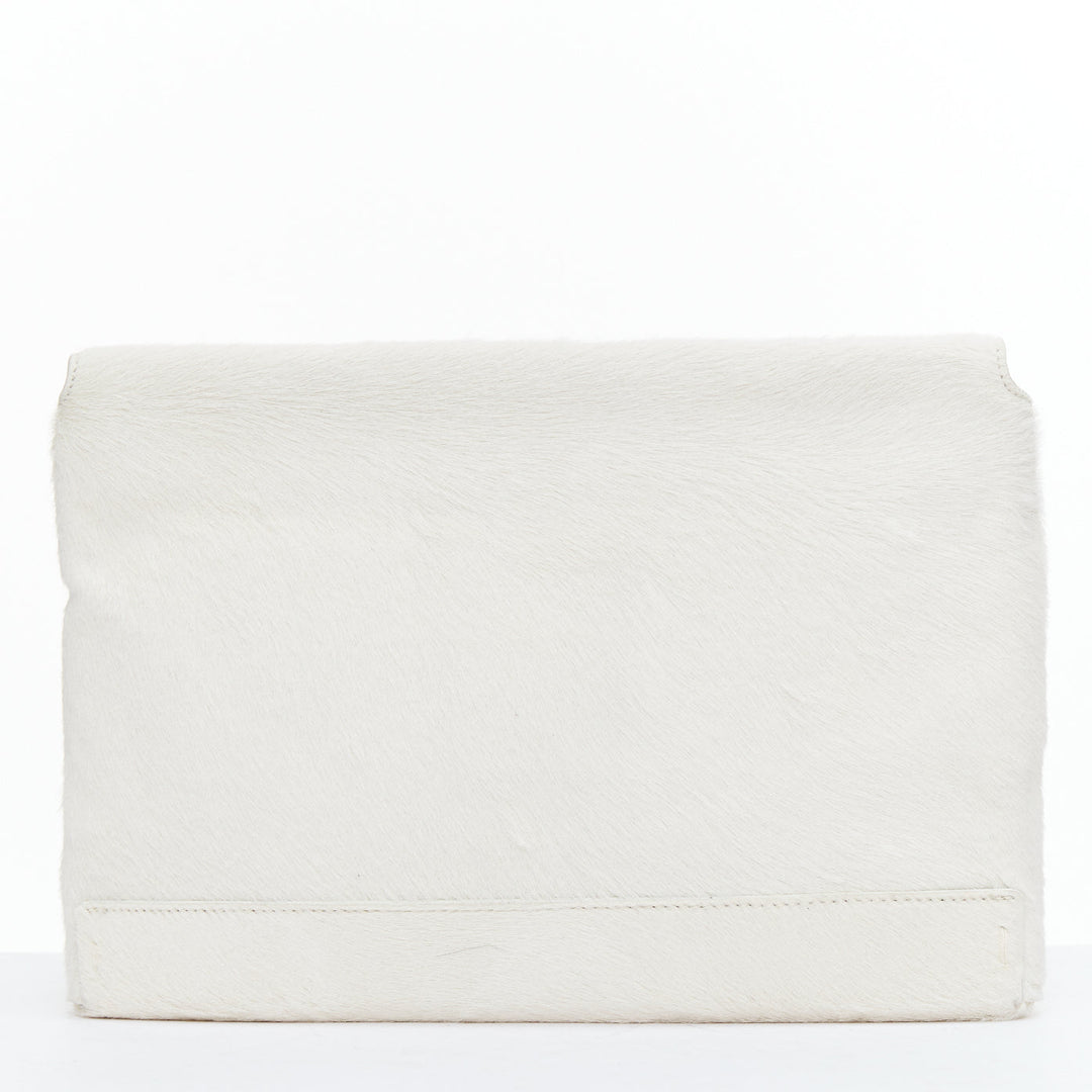 LANVIN Miss Sartorial off white calf hair gold bar flap envelope clutch bag