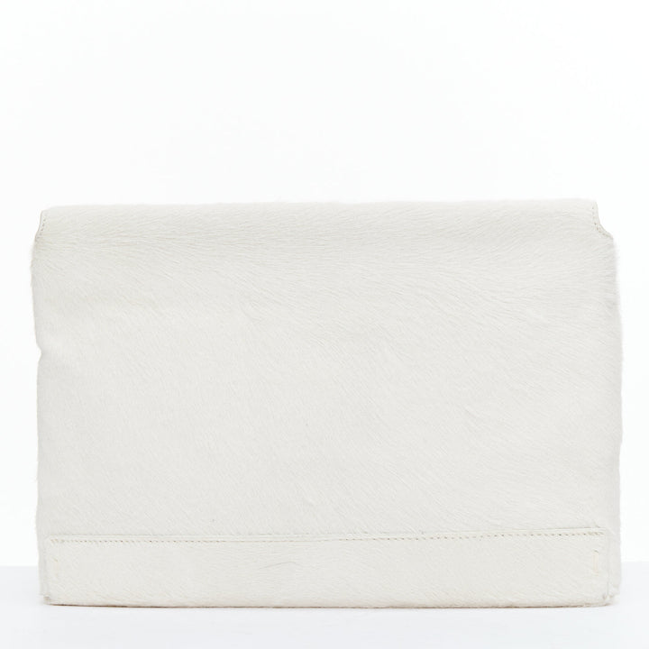 LANVIN Miss Sartorial off white calf hair gold bar flap envelope clutch bag