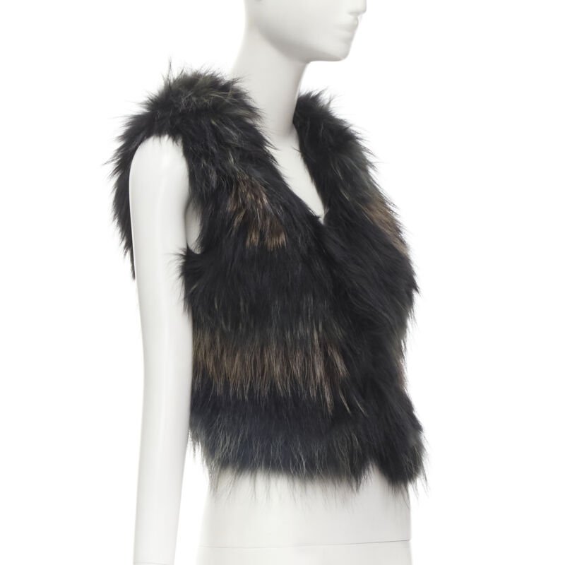 METEO YVES SALOMON black brown green racoon fur vest jacket IT36 XS