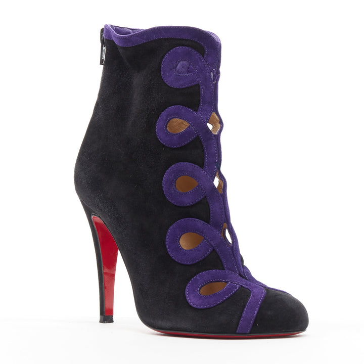 CHRISTIAN LOUBOUTIN black suede purple swirl cut out high heel ankle bootie EU36