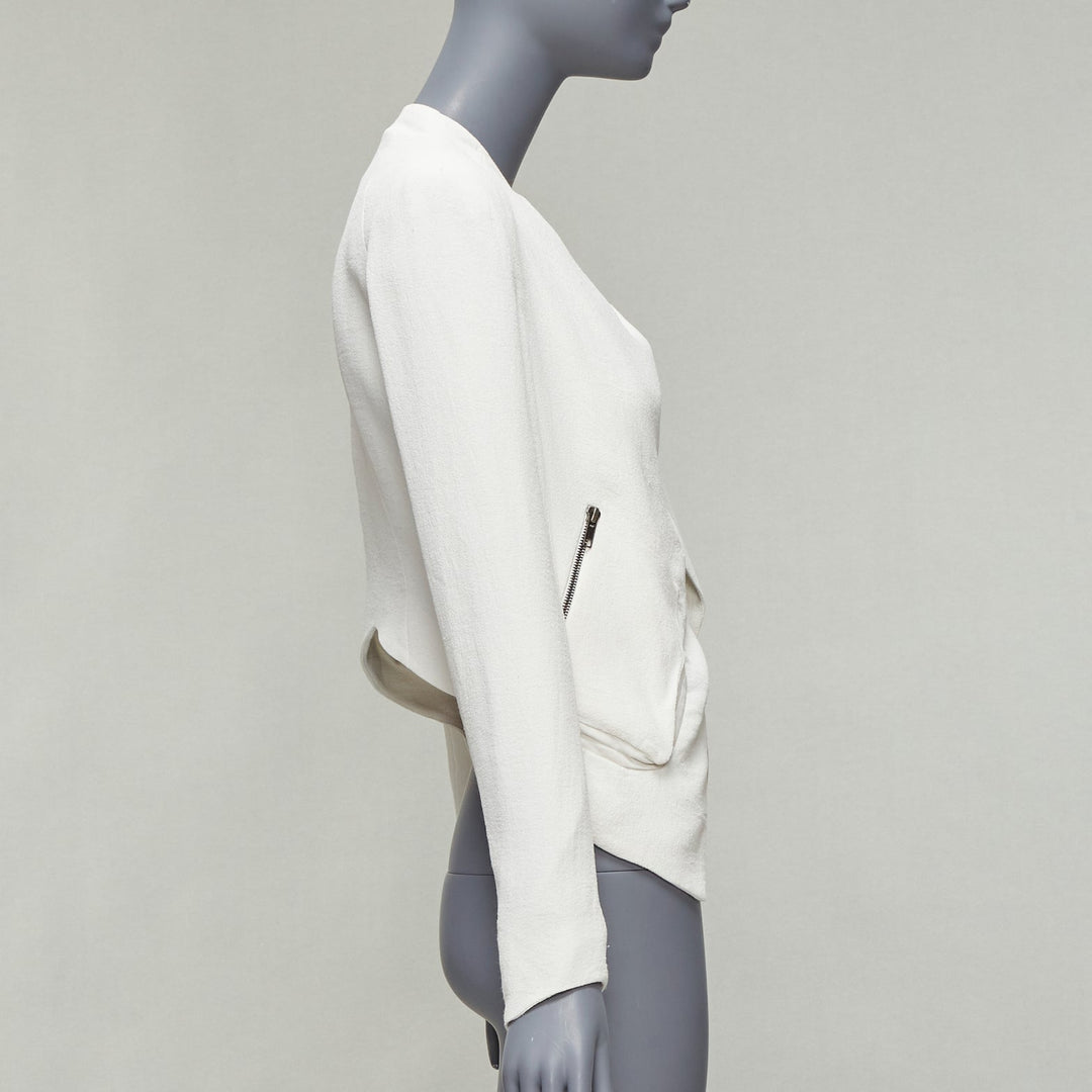 HELMUT LANG white lambskin leather trim asymmetric zip biker jacket US0 XS