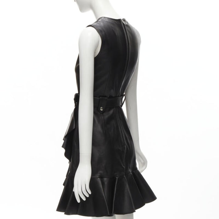 ALEXANDER MCQUEEN 2022 black leather biker belted ruffle trim dress IT38 XS