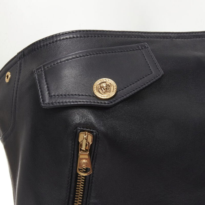 VERSACE Runway black leather gold-tone Medusa biker bustier top IT38 XS
