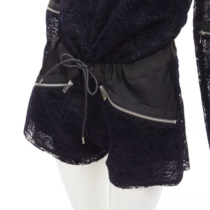 SACAI navy velvet floral lace pink zipper trim romper playsuit S