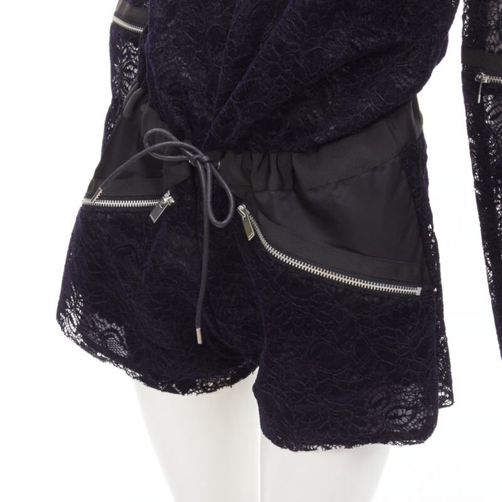 SACAI navy velvet floral lace pink zipper trim romper playsuit S