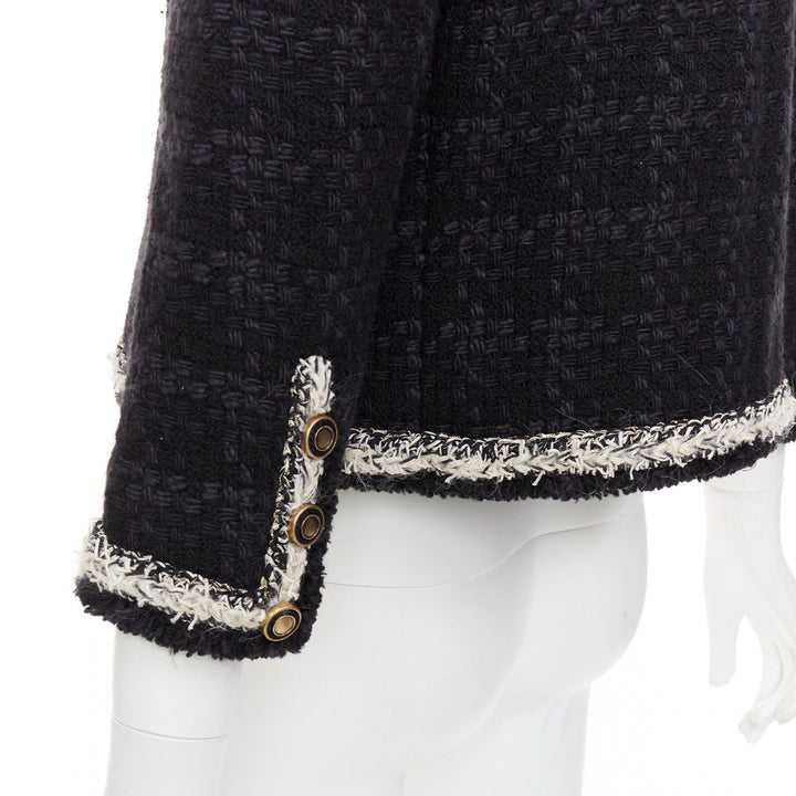 SAINT LAURENT 2021 navy wool silk tweed silver chain braided trim jacket FR38 M