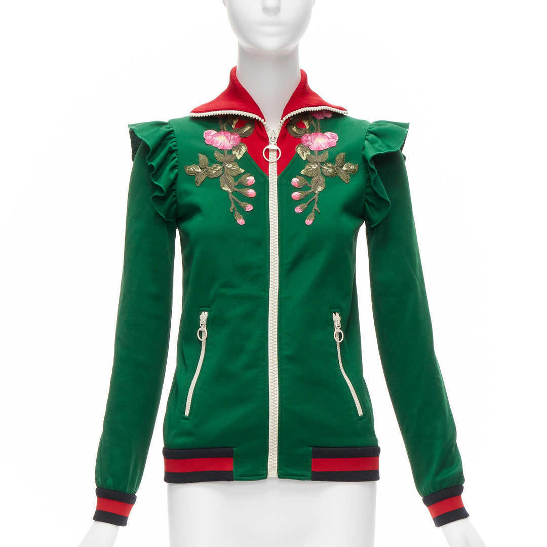 GUCCI Alessandro Michele green pink floral applique ruffled track jacket XS