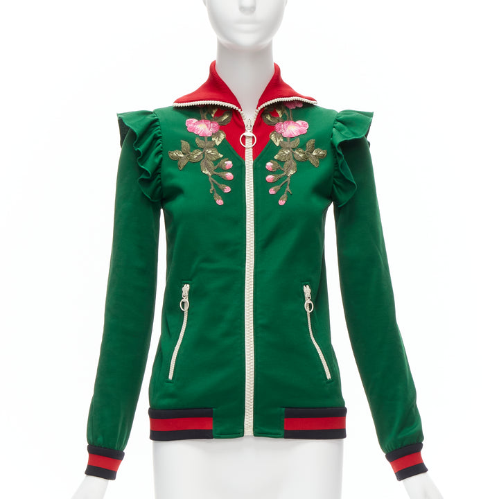 GUCCI Alessandro Michele green pink floral applique ruffled track jacket XS