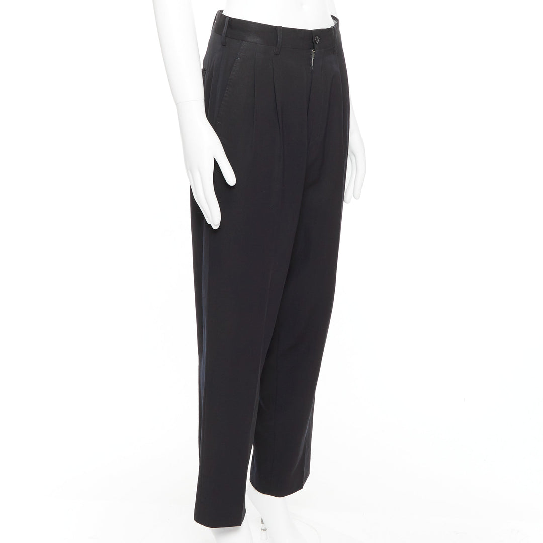 YOHJI YAMAMOTO navy 100% wool pleated front tapered wide trouser pants S