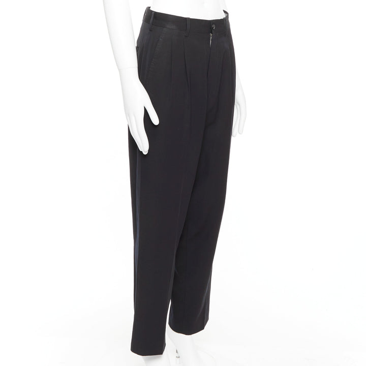 YOHJI YAMAMOTO navy 100% wool pleated front tapered wide trouser pants S