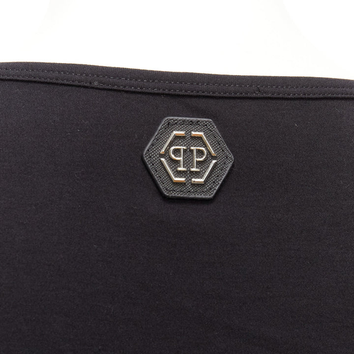 PHILLIP PLEIN black logo embroidery clear crystal fringe embellished tshirt XS