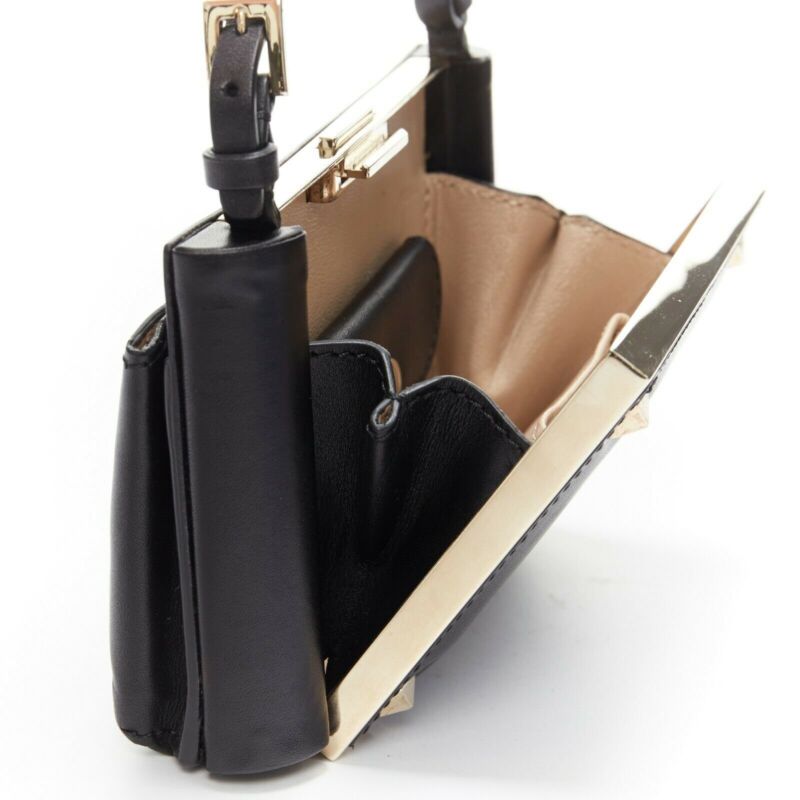 VALENTINO black leather gold rockstud metal frame miniaudiere clasp clutch bag